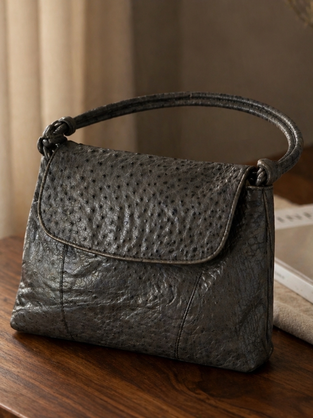 Textured Black Shoulder Bag with Curved Handle